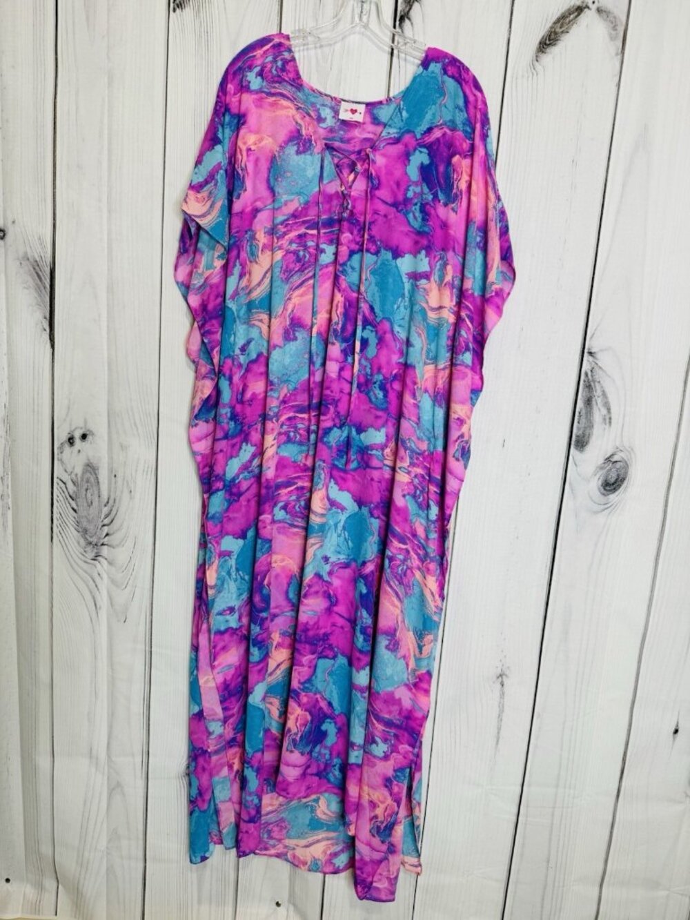 Buddy Love Maxi Caftan Dress Womens Sz L Blue Pink Abstract Boho Resort